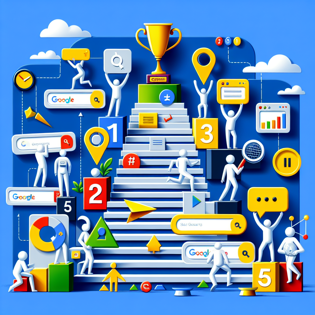 Web design elements climbing a Google ranking staircase.