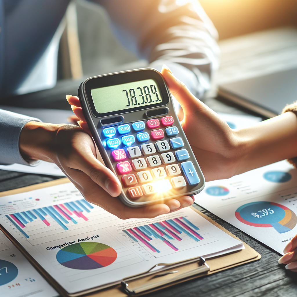 Hands holding budget calculator with competitor analysis charts.
