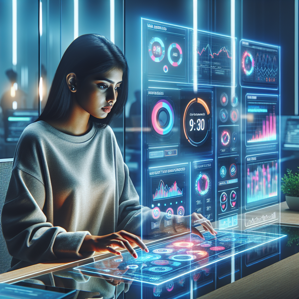 Web designer using futuristic brand tracking software.