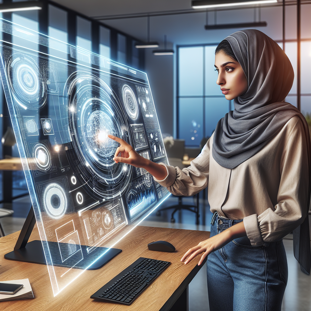 Web designer controlling work on large touch screen.