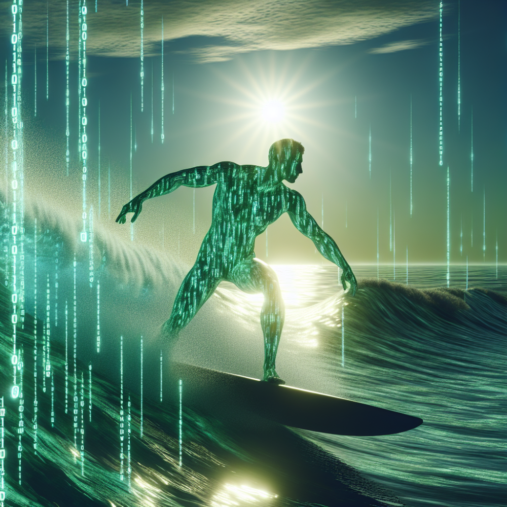 A person surfing on waves made of code