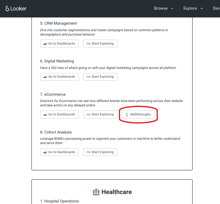 Where to start guided walkthrough on looker trial homepage