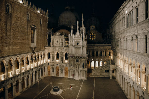 A view of St Mark's Square as night falls.