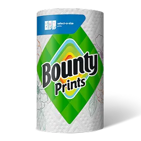 Roll of Bounty Prints paper towels featuring a green diamond logo and subtle floral pattern on white sheets, labeled select‑a‑size.