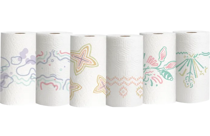 An array of paper towel rolls featuring prints from our Multicultural Prints project