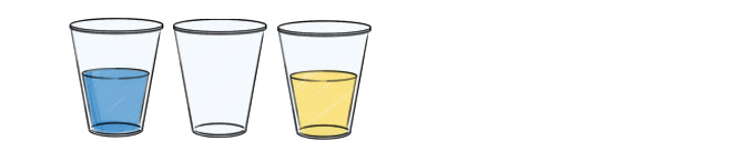 An empty cup in the middle of two cups of water: one with blue food coloring and one with yellow food coloring