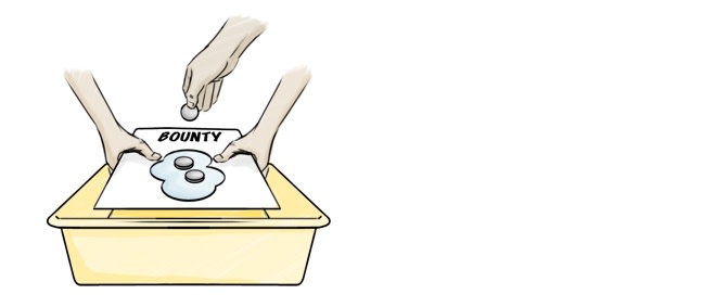 A hand placing quarters on top of a wet Bounty paper towel held above a plastic tub