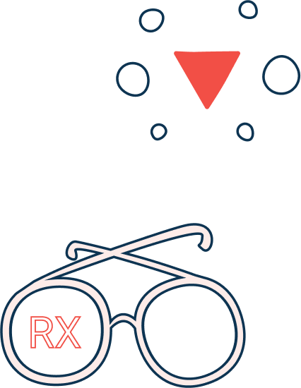Wisp logo with floating circles around it, and a pair of glasses below it with "Rx" inside one lens
