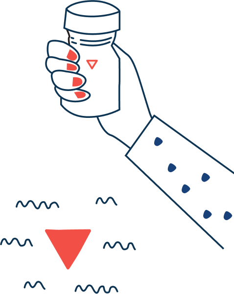 Hand holding a wisp prescription bottle, above the wisp logo with squiggles around it