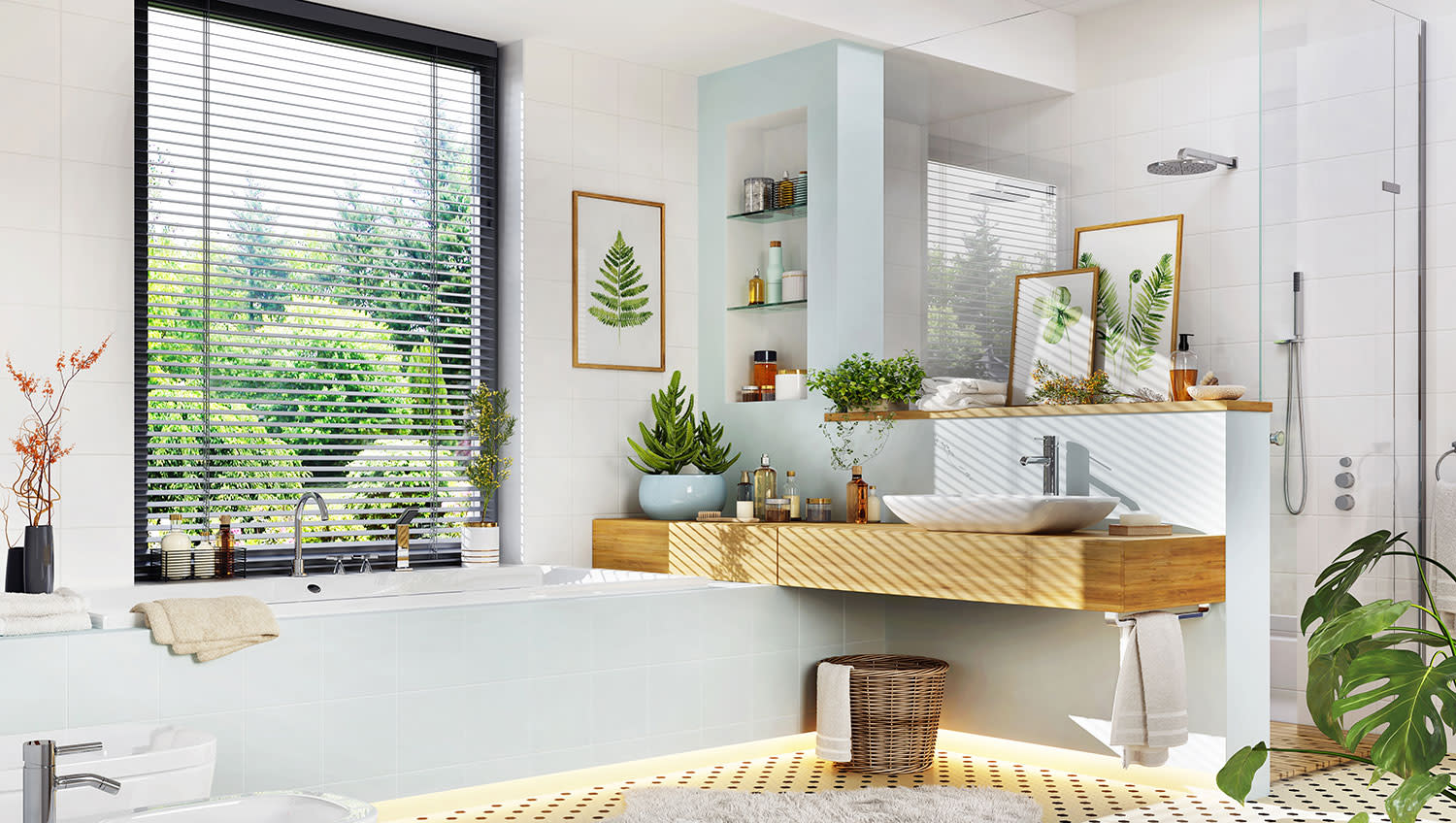 Modern gestaltetes Badezimmer mit Fenster mit Blick ins Grüne