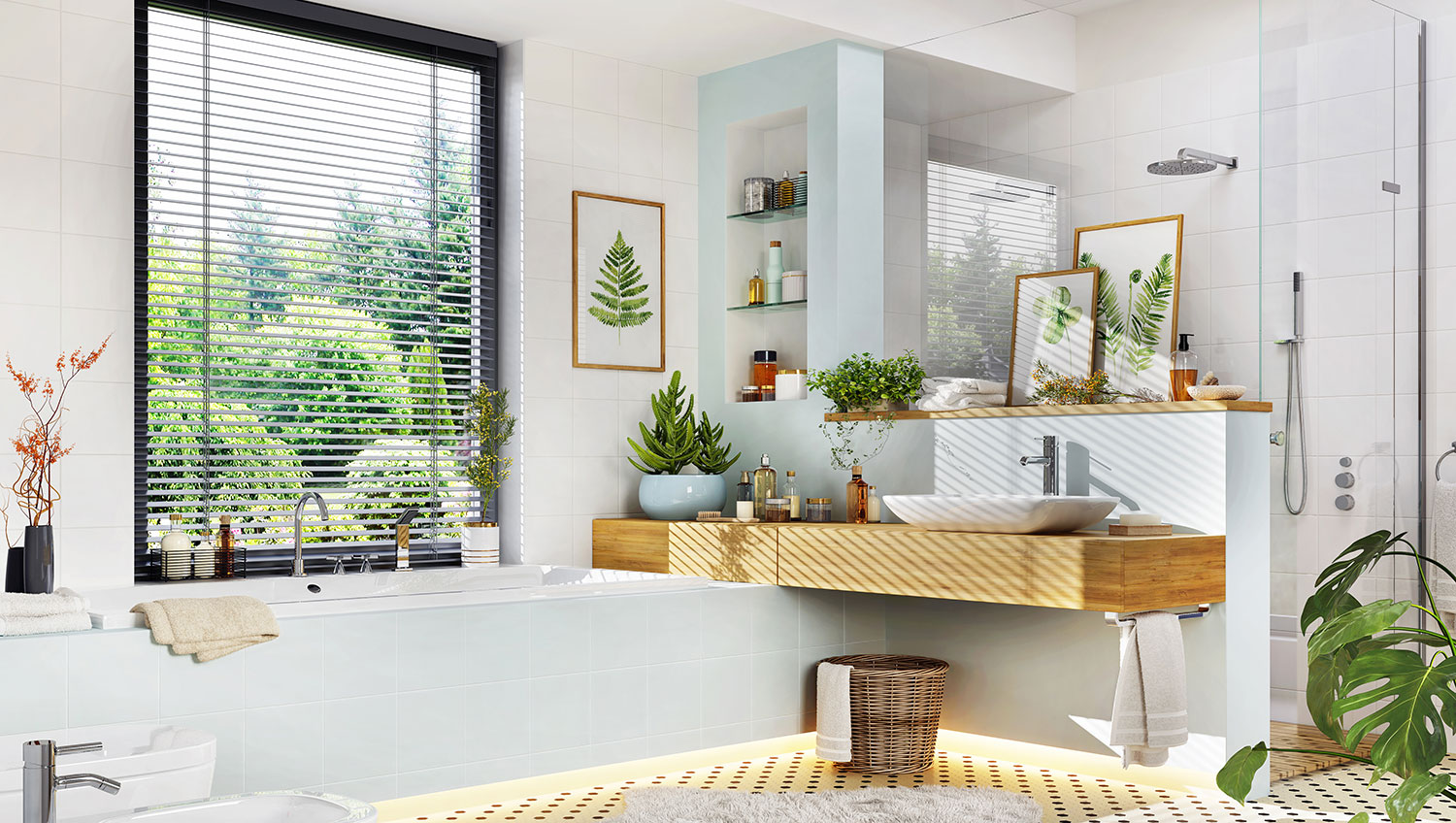 Modern gestaltetes Badezimmer mit Fenster mit Blick ins Grüne