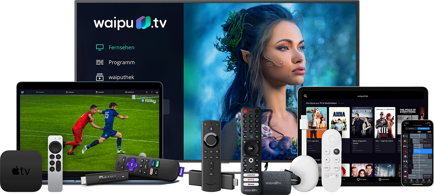 Waipu Produktübersicht mit TV, Tablet, Stick usw.