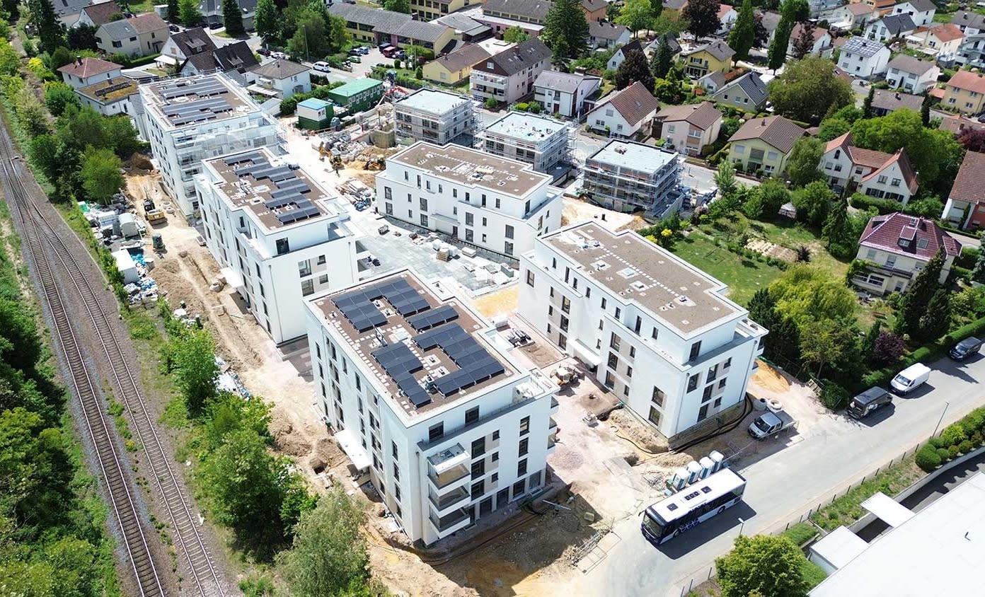 Drohnenaufnahme von oben auf das Wohnquartier RWZ in Nieder-Olm