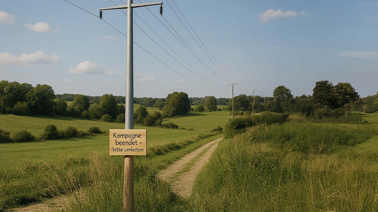 Ein Strommast auf eine Wiese mit einem Schild auf dem Kampagne beendet bitte umleiten steht