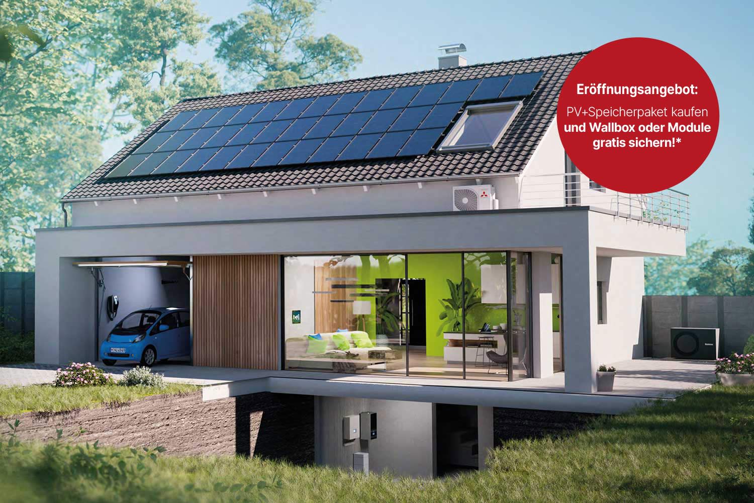 Titelbild Haus mit Elektroauto Photovoltaik Wärmepumpe und Stromspeicher