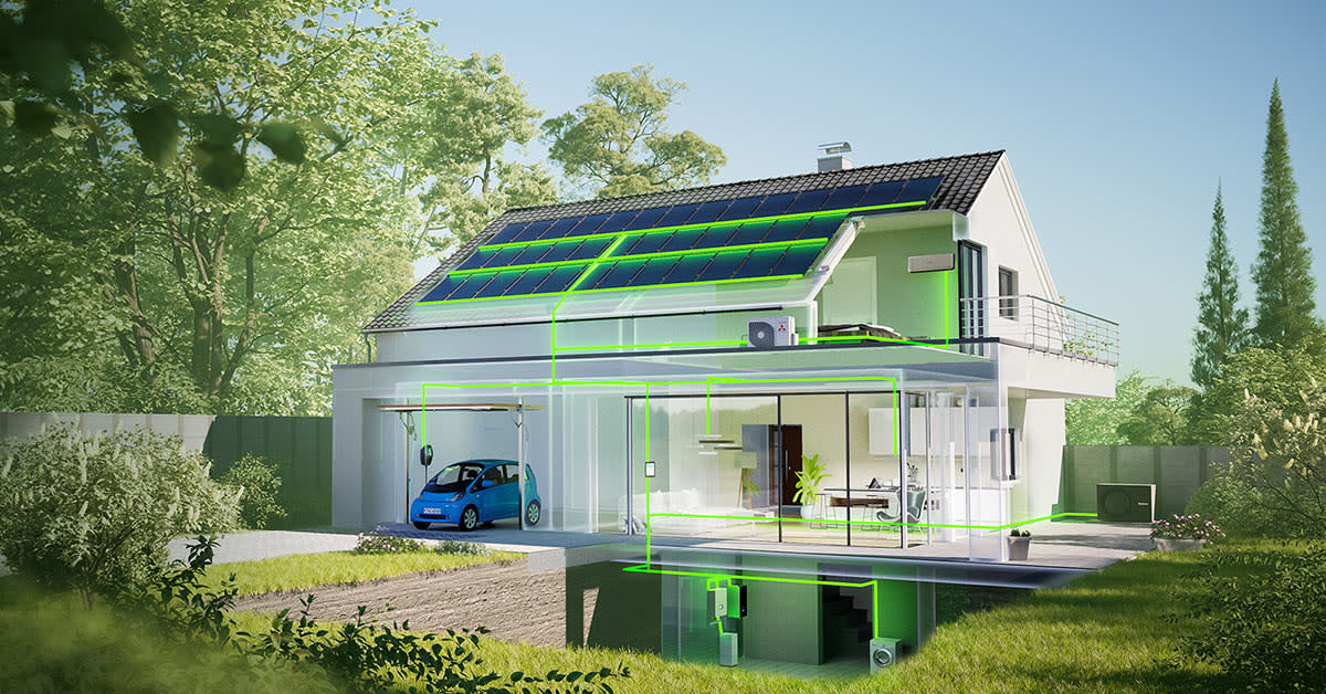 Energieeffizientes Haus mit Darstellung des Energieflusses Energieeffizientes Haus mit Darstellung des Energieflusses
