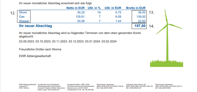 EWR Rechnung wird erläutert. Grafik eines grünen Windrads wird präsentiert
