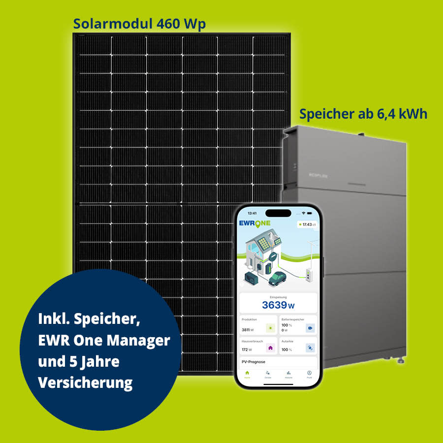 Bild von einem Solar Paket Angebot mit Modul, Stromspeicher und App