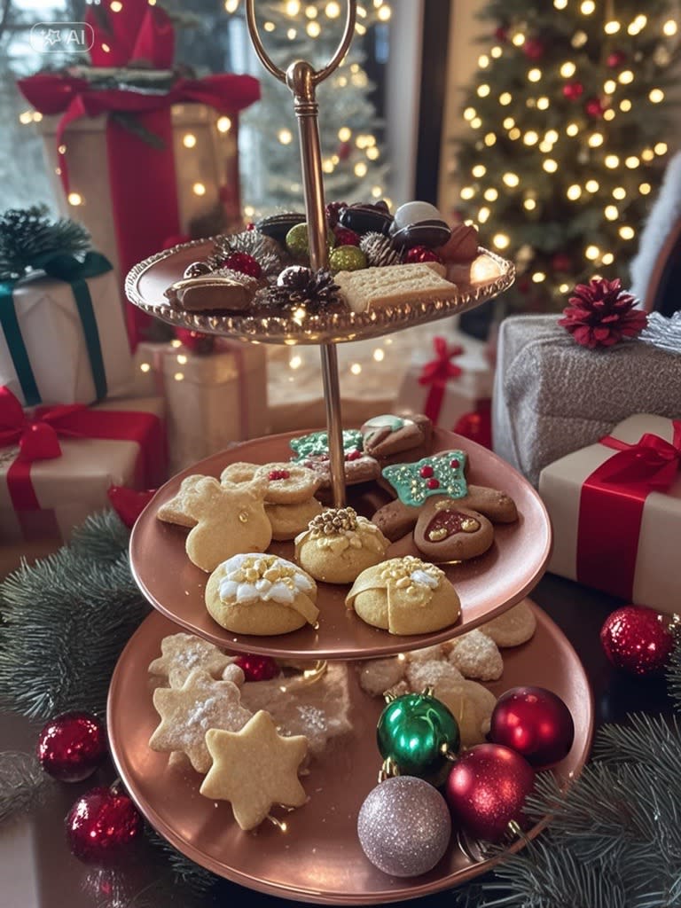Weihnachtsplätzchen auf einer Etagere. Geschenke und ein Weihnachtsbaum sind im Hintergrund zu sehen Weihnachtsplätzchen auf einer Etagere. Geschenke und ein Weihnachtsbaum sind im Hintergrund zu sehen
