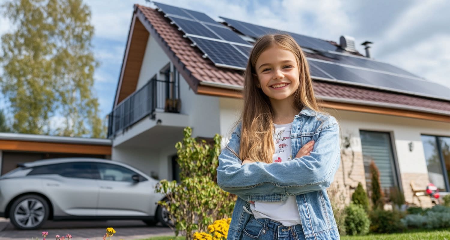 Ein Mädchen steht vor einem Haus. Auf dem Haus ist eine Photovoltaikanlage installiert.