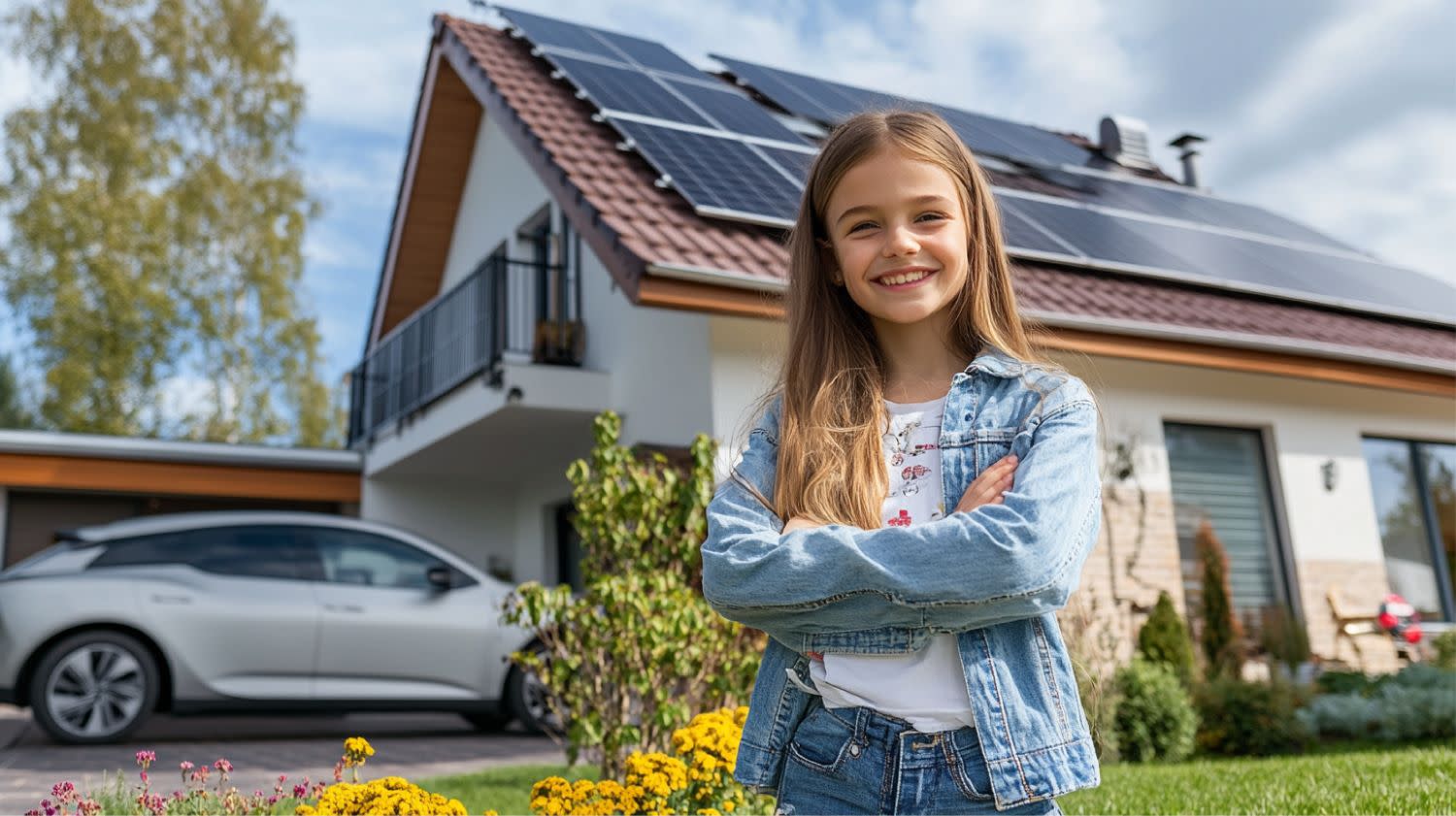 Ein Mädchen steht vor einem Haus. Auf dem Haus ist eine Photovoltaikanlage installiert.