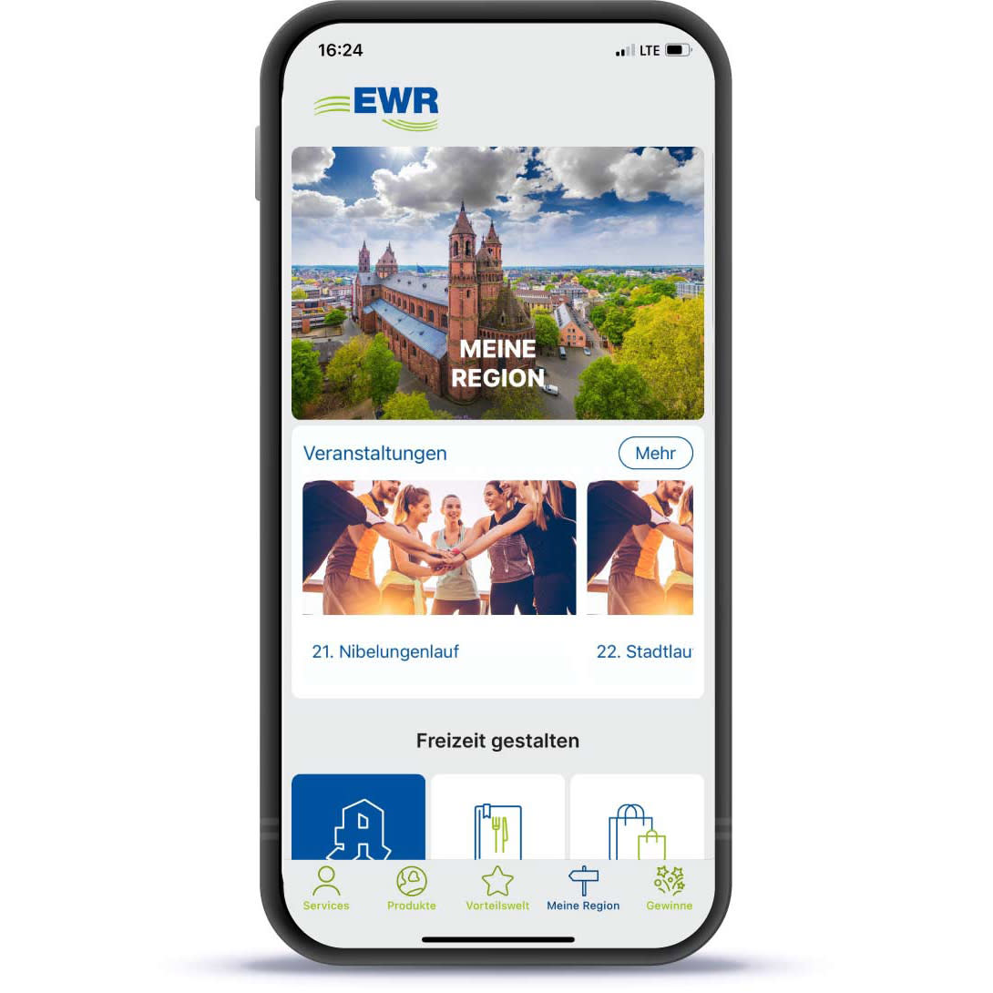 Ein Bild von der App EWR Connect. Der Reiter Region ist geöffnet.