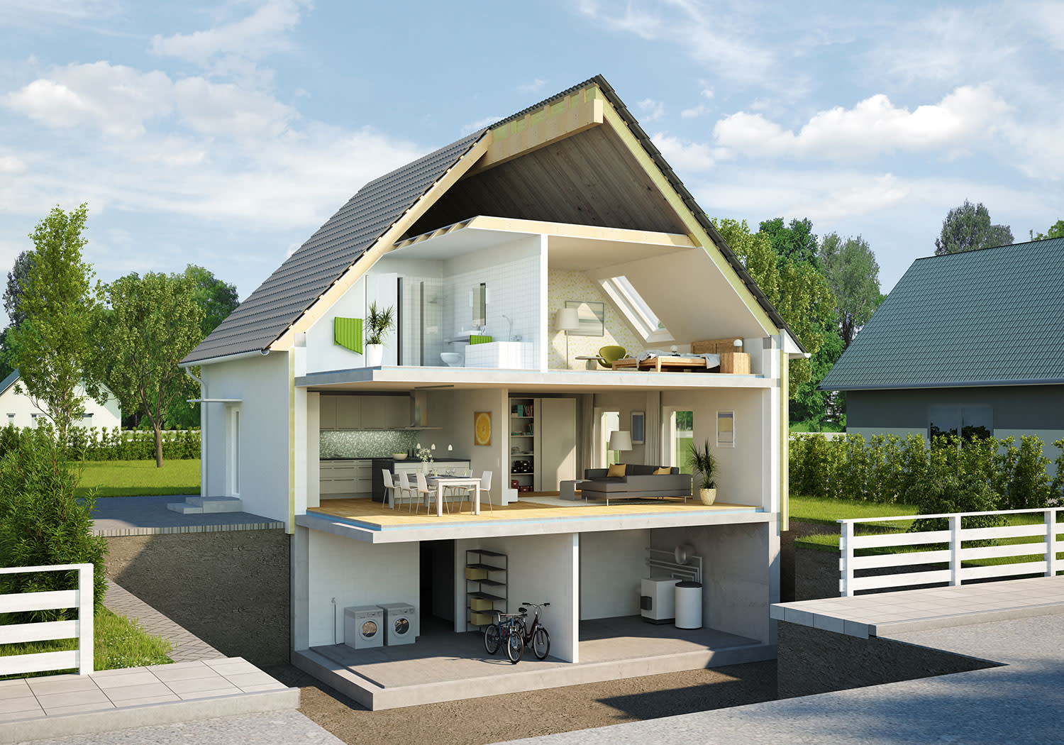 Modernes Haus im Schnitt mit Blick ins Innere