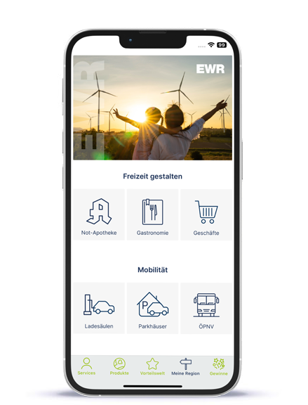 Ein Bild von der App EWR Connect. Der Reiter Region ist geöffnet