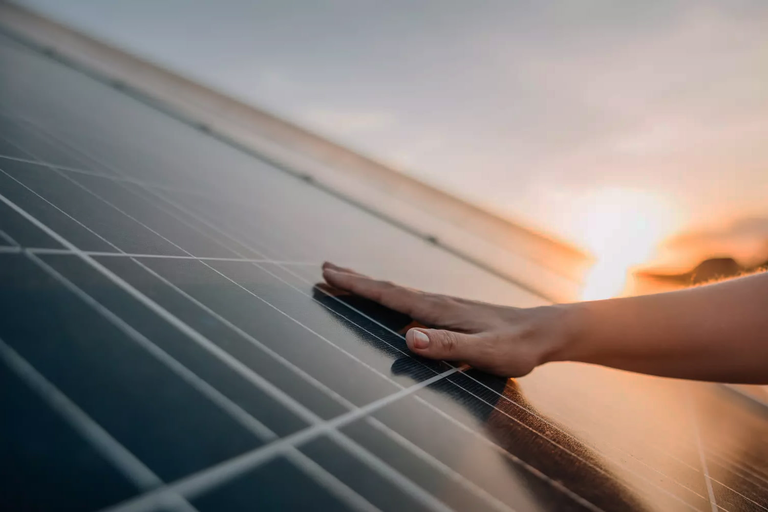 Photovoltaikanlage mit Hand vorm Sonnenuntergang.
