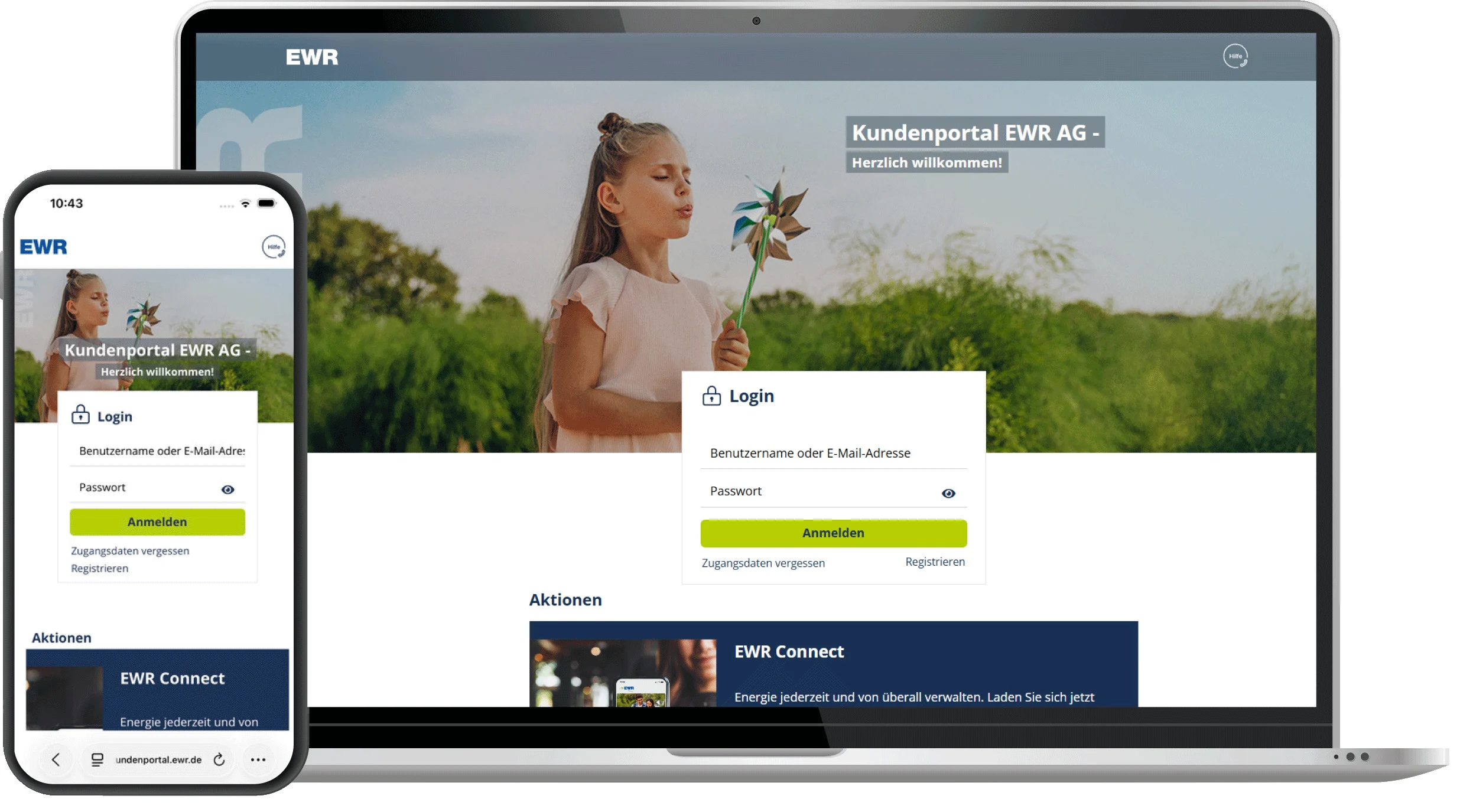 Ansicht des EWR Kundenportal auf Laptop und Smartphone