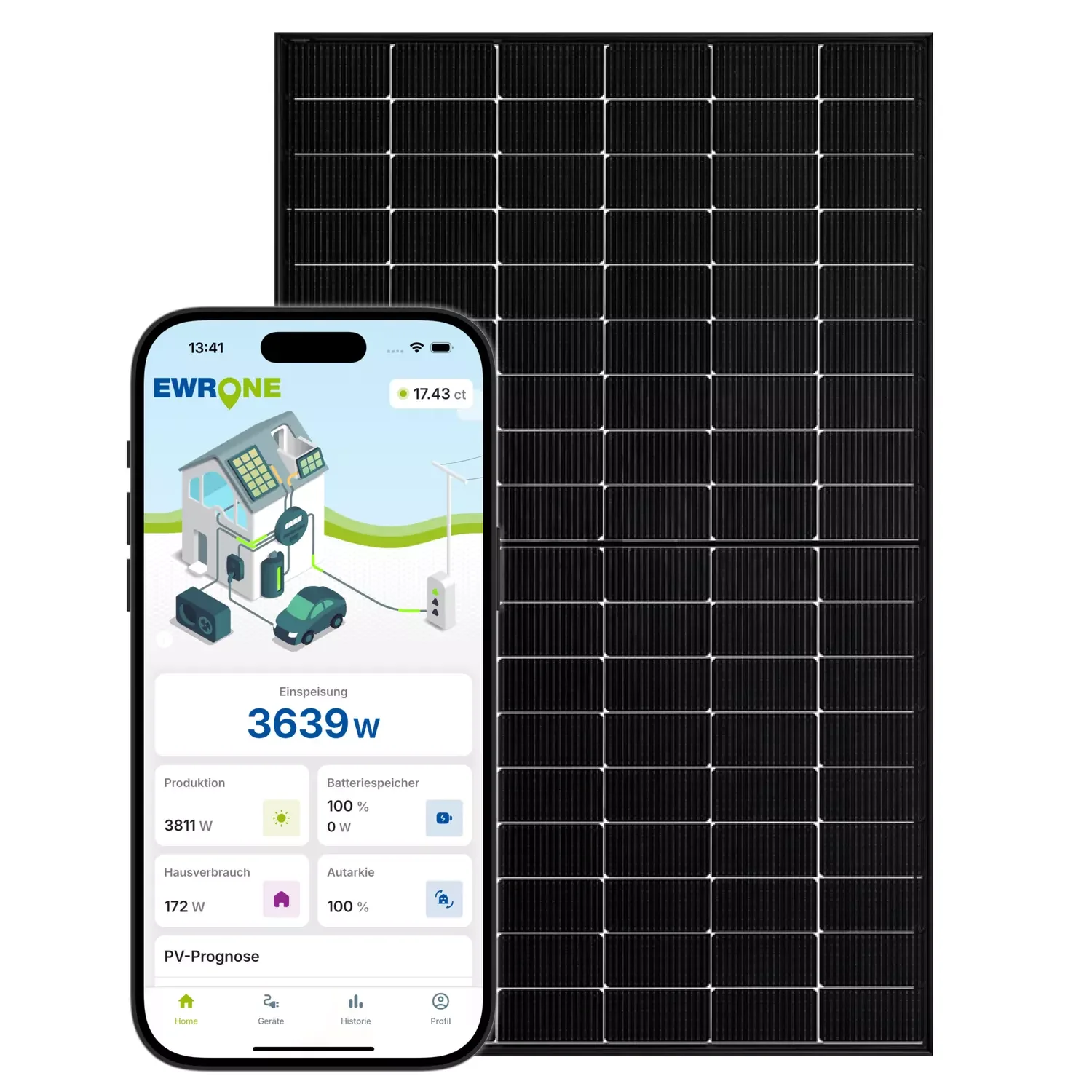 Ein Handy mit dem geöffneten EWR One Manager ist im Vordergrund vor einem PV-Modul