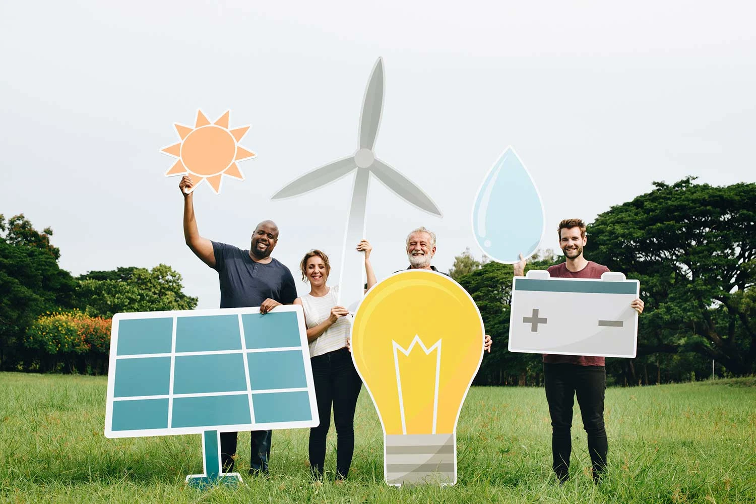 Menschen halten Energiespar-Symbole