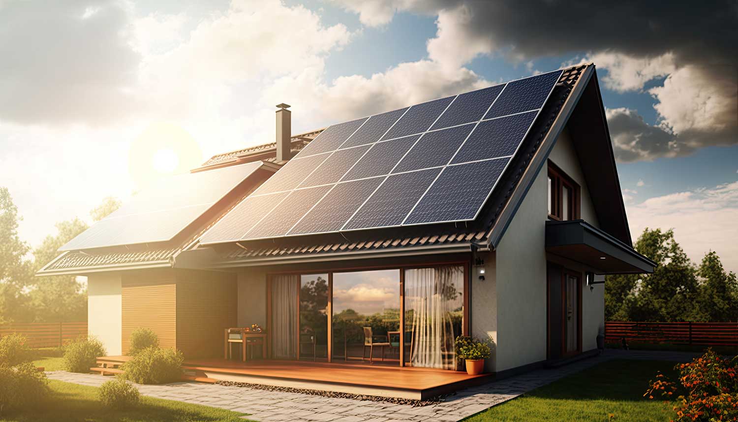Titelbild Blick auf ein Haus mit Photovoltaikanlage auf dem Dach und Sonnuntergang im Hintergrund