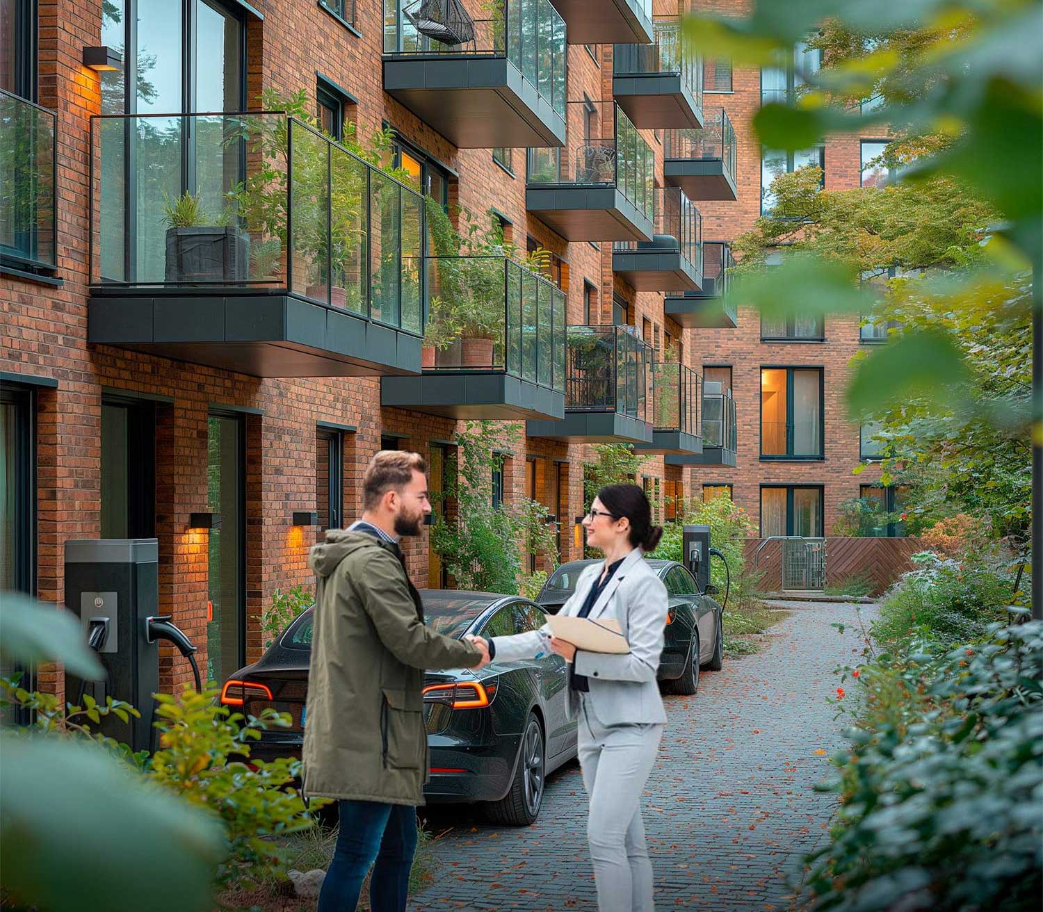 Bertatungsgespräch vor einem Apartment Block