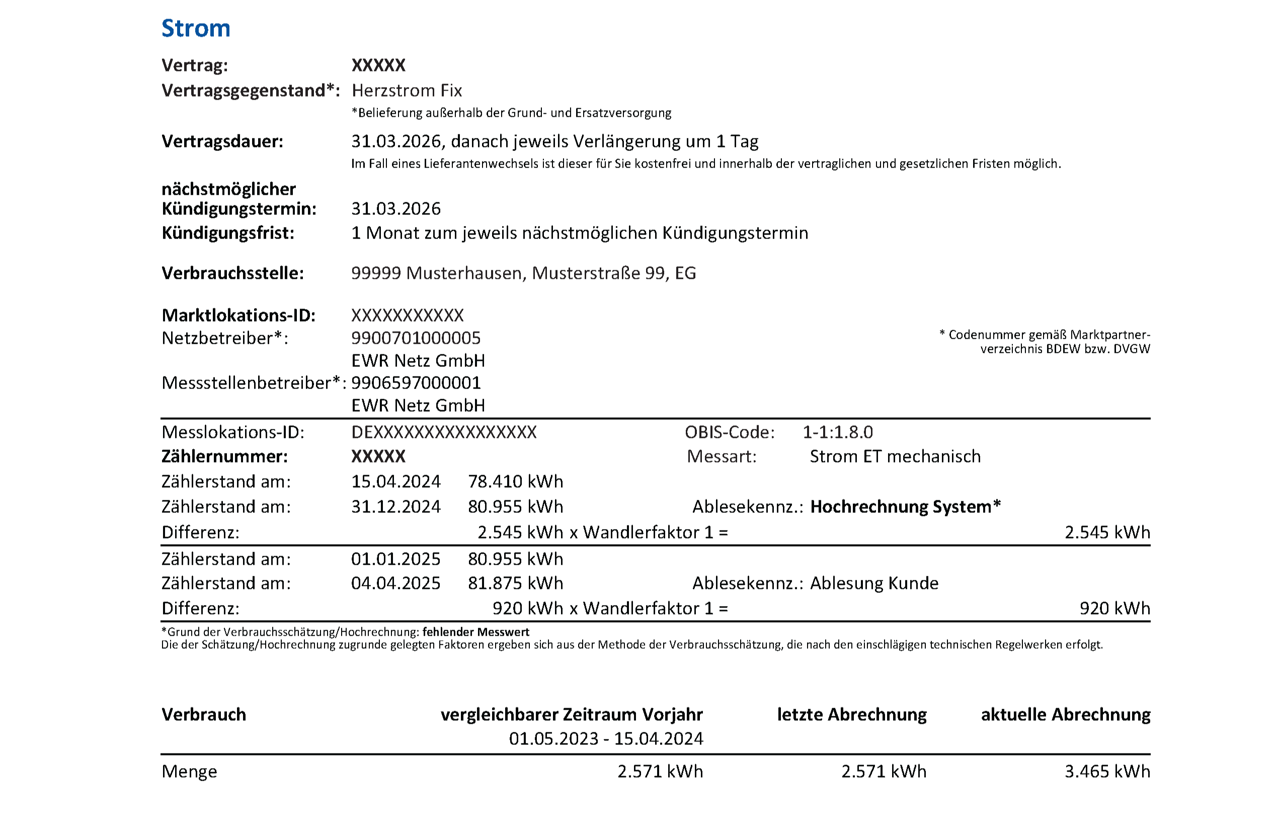 EWR Rechnung Musterrechnung Seite 2 Energieart Strom