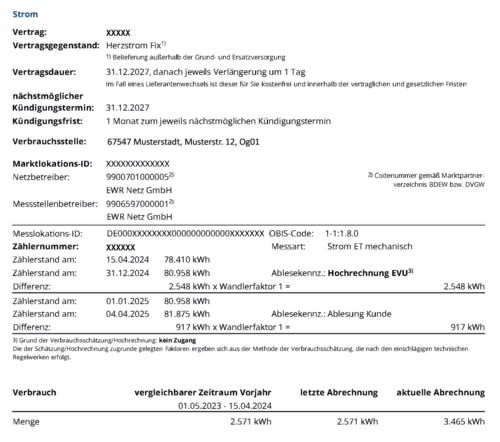 EWR Musterrechnung - Übersicht Strom Vertragsdaten