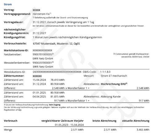 EWR Musterrechnung - Übersicht Strom Vertragsdaten