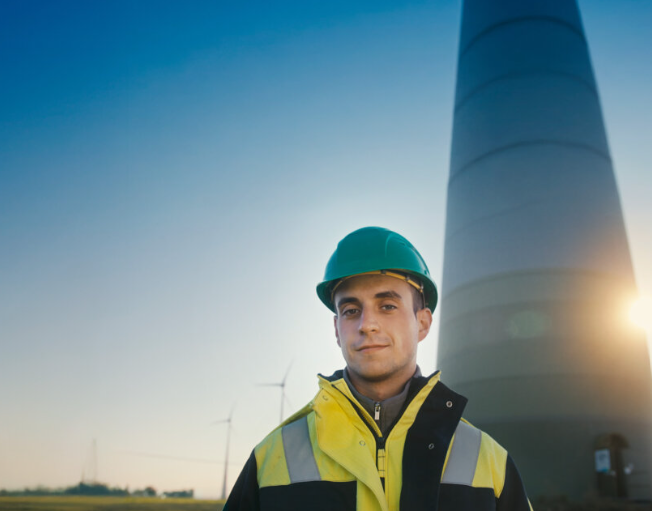 EWR Mitarbeiter in Arbeitskleidung vor Strommast
