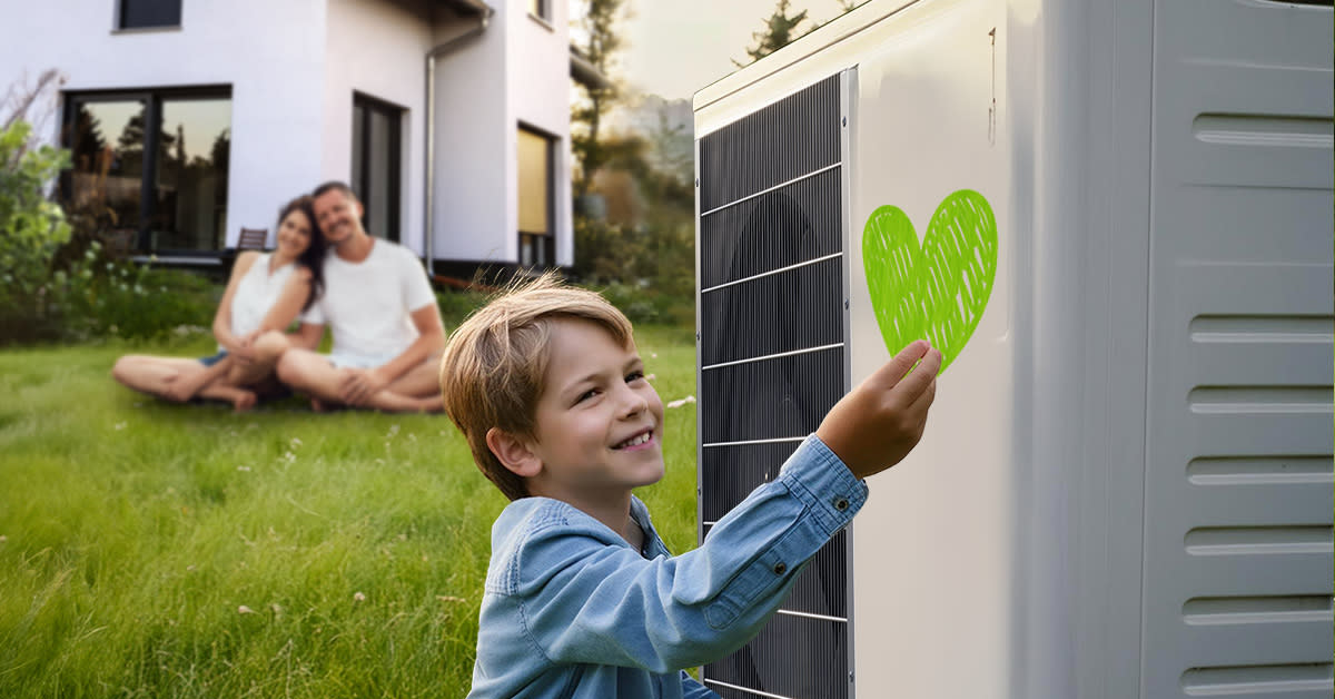 Eine Familie betrachtet im Garten ihren Sohn der ein Herz auf eine Wärmepumpe malt