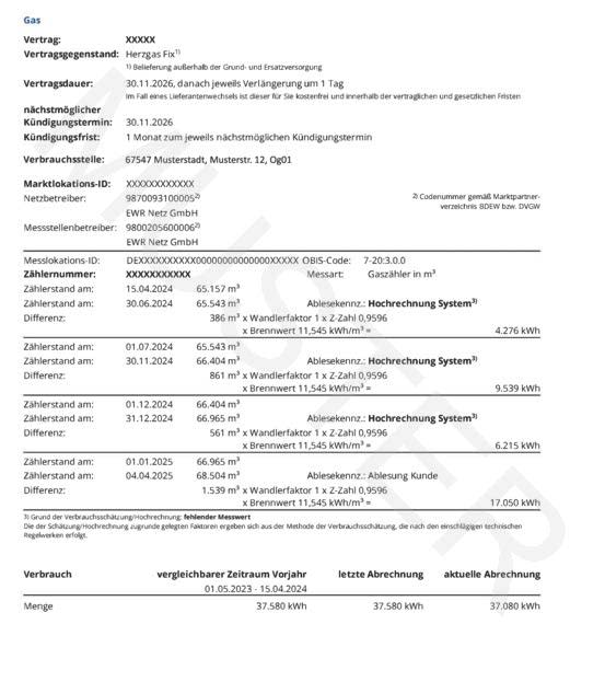 EWR Musterrechnung - Übersicht Gas Vertragsdaten EWR Musterrechnung - Übersicht Gas Vertragsdaten