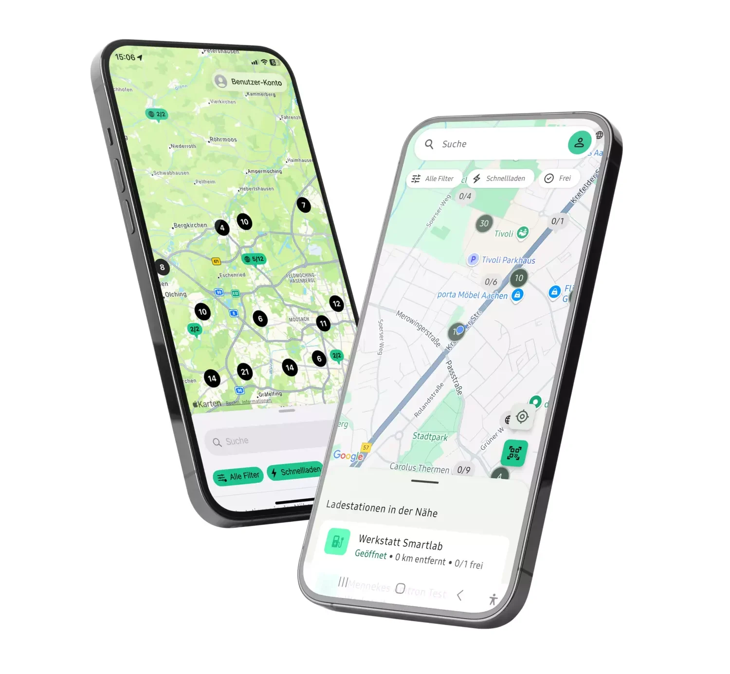 Aufnahmen von der Ladenetz App auf einem iPhone und einem Android Endgerät