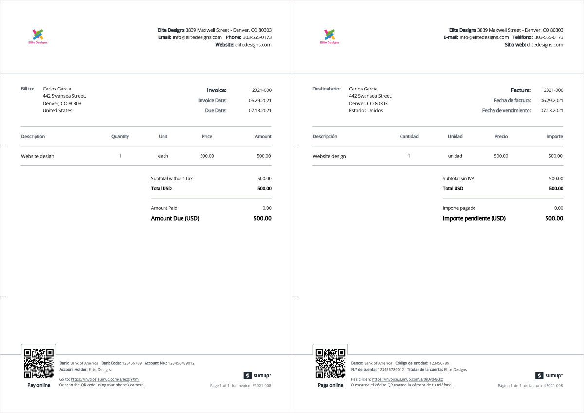Sample translated Spanish invoice and the English equivalent. Created with SumUp Invoices.