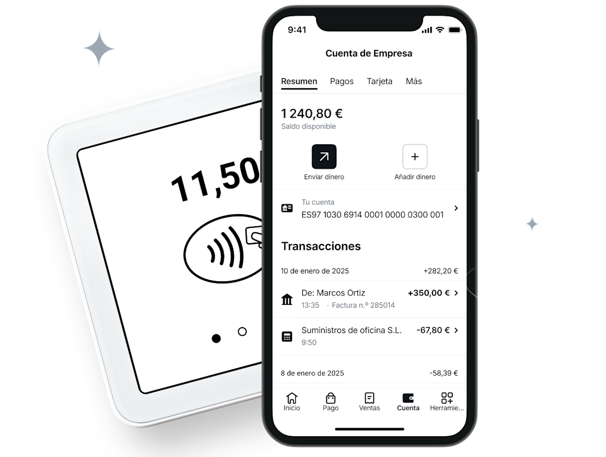 Un datáfono SumUp y una Cuenta de Empresa SumUp uno junto a otra