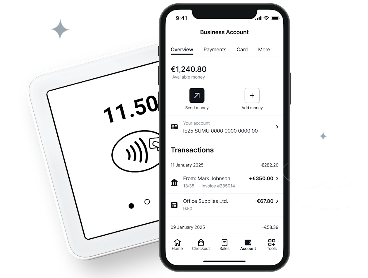 A SumUp card reader and SumUp Business Account next to each other