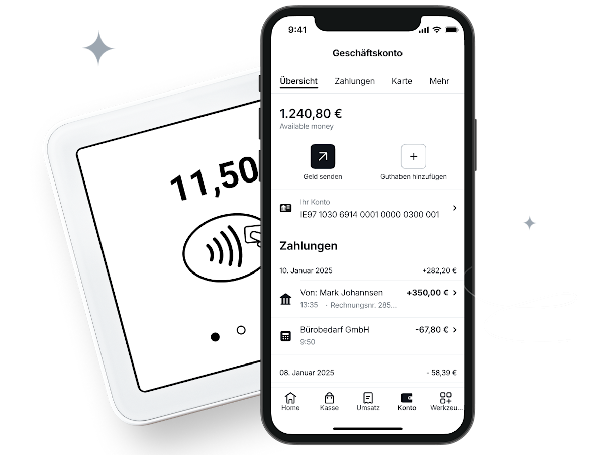 Ein SumUp Kartenterminal neben dem SumUp Geschäftskonto