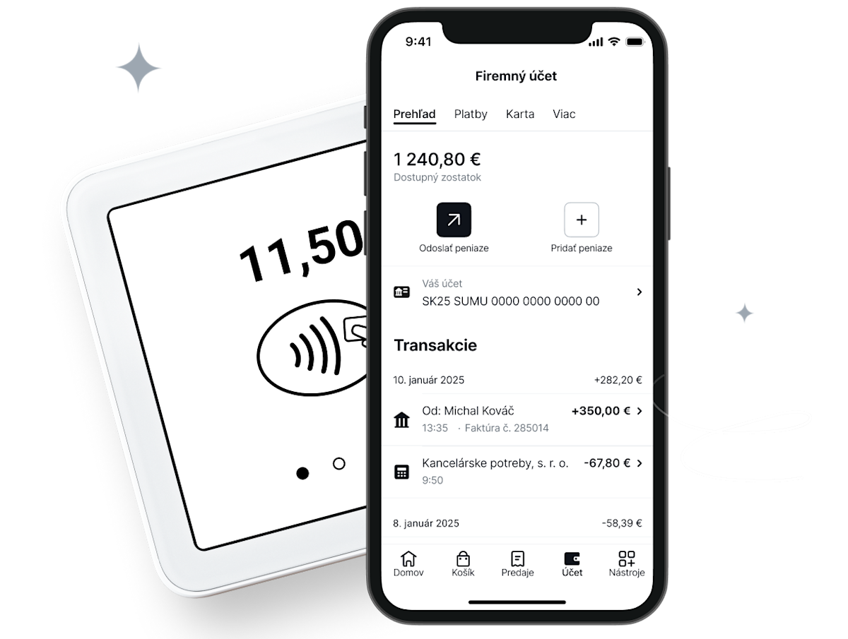 Platobný terminál od SumUp vedľa firemného účtu od SumUp