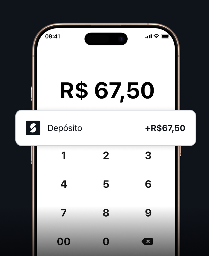 Smartphone com aplicativo da SumUp digitando o valor de uma venda como uma maquininha de cartão e recebendo um depósito da venda.