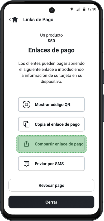 Presiona "Compartir enlace de pago" para enviarlo por redes sociales u otros medios.