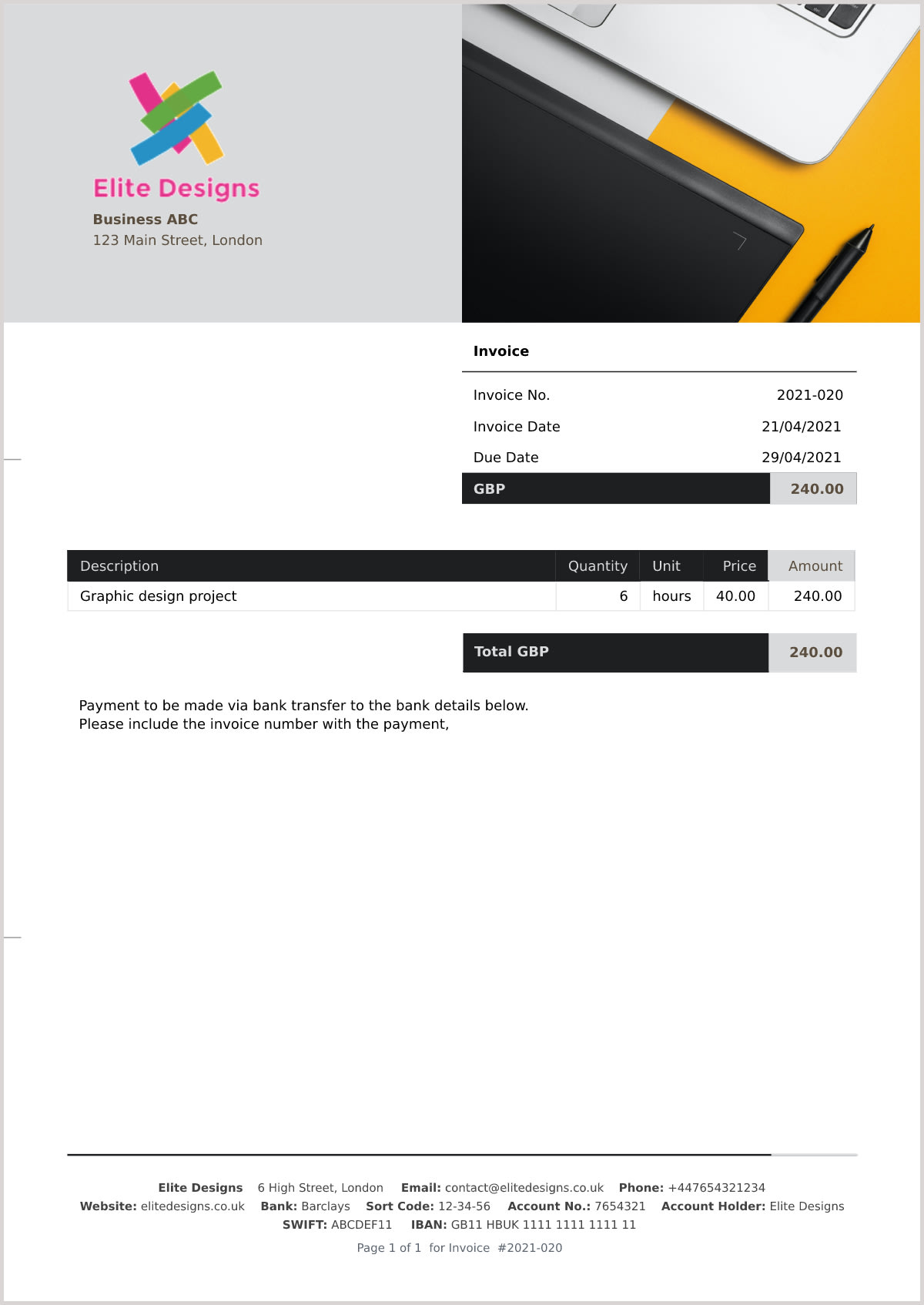 An example of a customised graphic design invoice. 