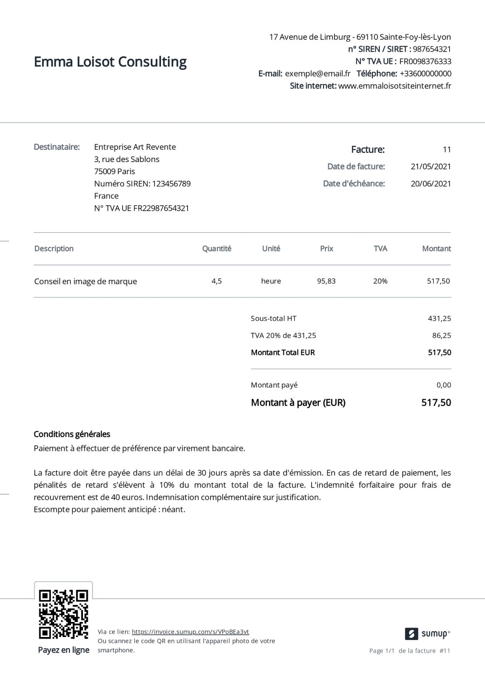 Exemple de conditions de paiement d'une facture.